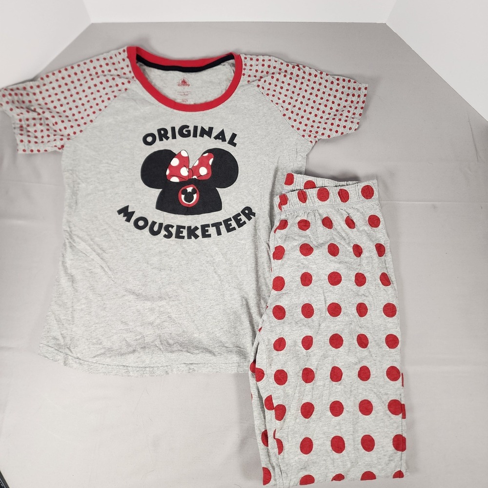 Disney Minnie Mouse‎ Original Mouseketeer Pajama Set Grey Red Polka Dot Womens M